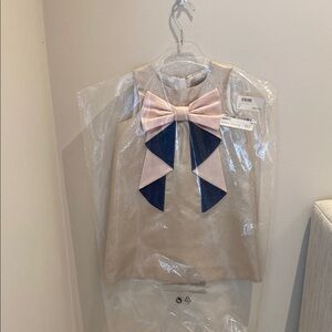HUCKLEBONES LONDON Elegant Cream and Blue Kids Dress with Bow, 4yrs old